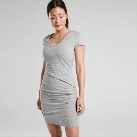 ATHLETA Central Stripe Ruched Mini Dress Short Sleeve Striped Athleisure Size M - Picture 2 of 12